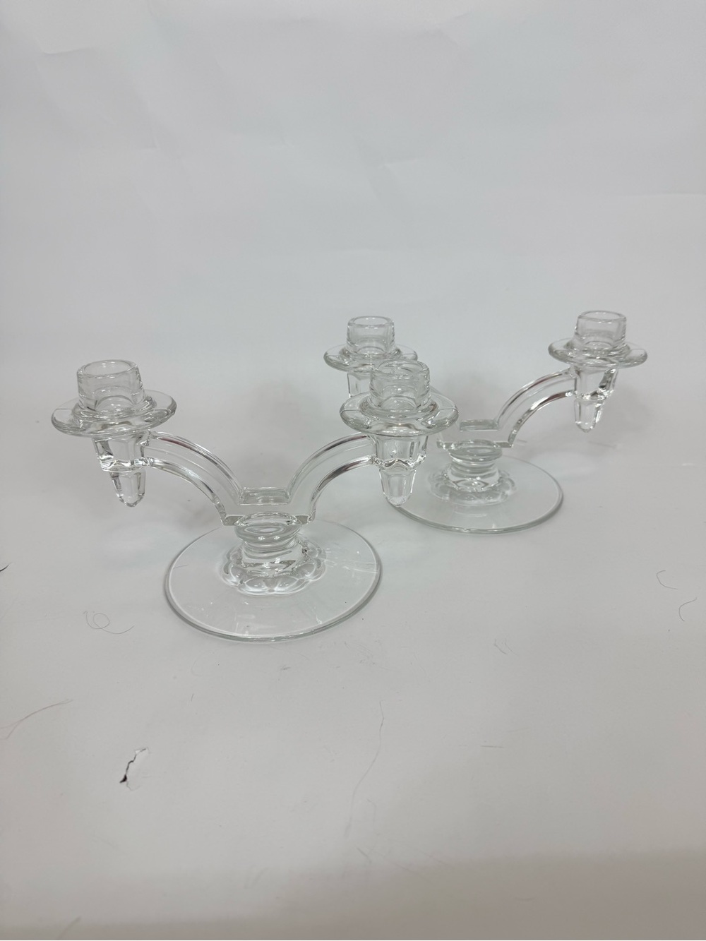 Crystal Double Light Taper Candle Holders Twin Arms Thumbprinted Base VTG